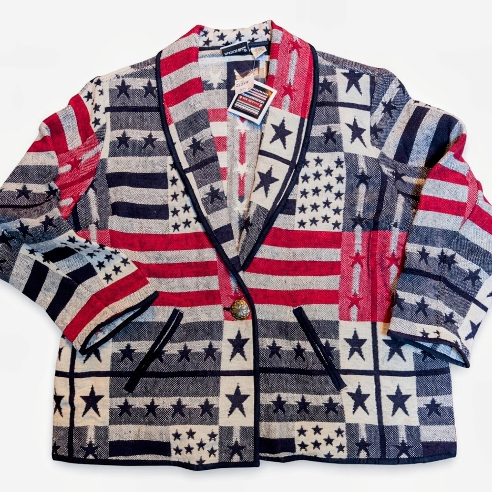 VTG Fashion Bug 22/24 Americana Flag Tapestry Cardigan Jacket NWT Plus Jacquard